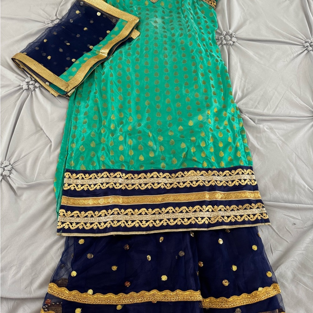 Girls Size 34 Green and Navy Blue Traditional Gharara Outfit with Gold Accents